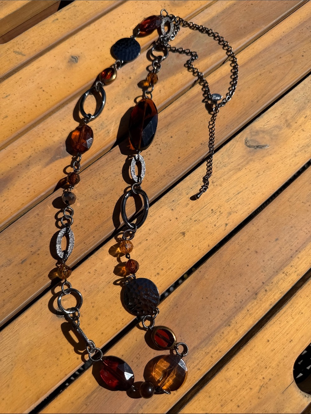 Lia Sophia Gunmetal Long Amber & Brown Faceted Bead Station Necklace
